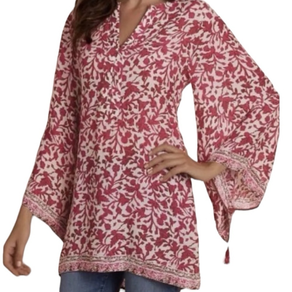 Soft Surroundings Pink Avignon Floral Boho Tunic Top Size Small Kimono Sleeve